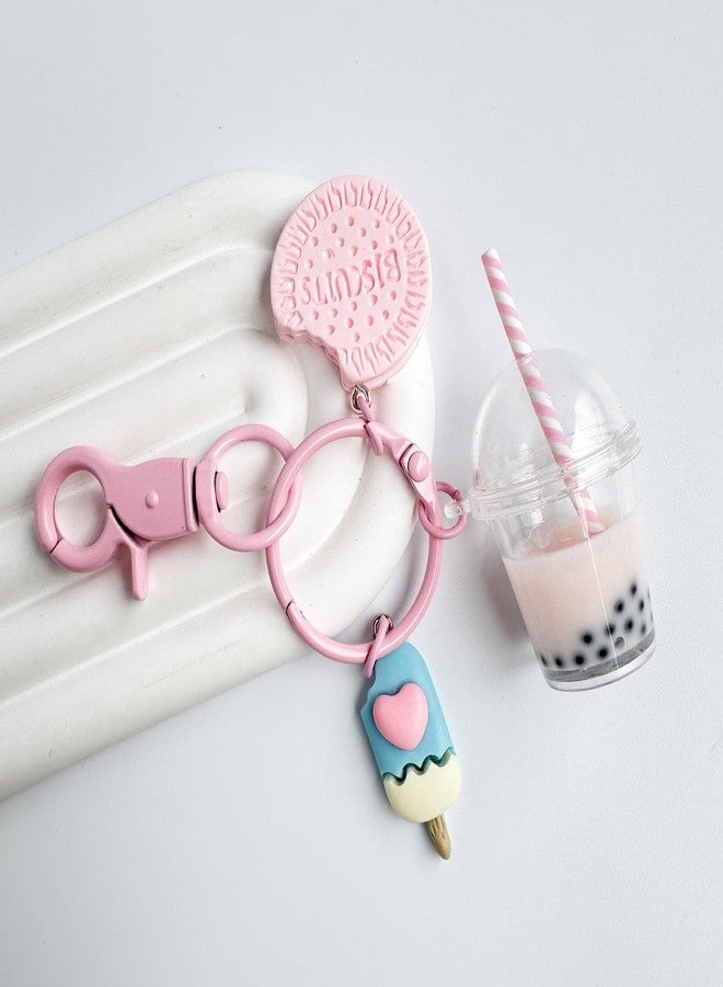 POYAMUSE Kawaii Macaron Color Mini Ice Cream and Boba Keychain Charm, Cute and Whimsical Pendant for Bags, Keys, and Accessories, Colorful Keychain for Women - Pink - Image 4